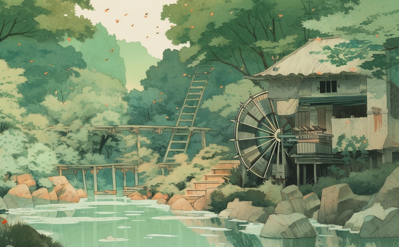 房子边水车楼梯阶梯木桥节气小满插画背景,插画/手绘图,插画/手绘图库,插画/手绘图下载,插画/手绘